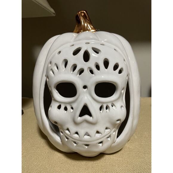 Halloween White Ceramic Lighted 11” Tall Sugar Skull Pumpkin Decoration - Picture 2 of 8
